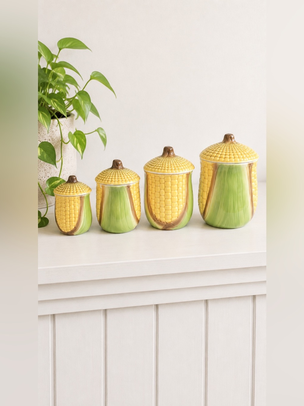 Vintage Metlox Poppytail Corn Canister Set 4pc Ceramic Farm Kitchen Japan Yellow